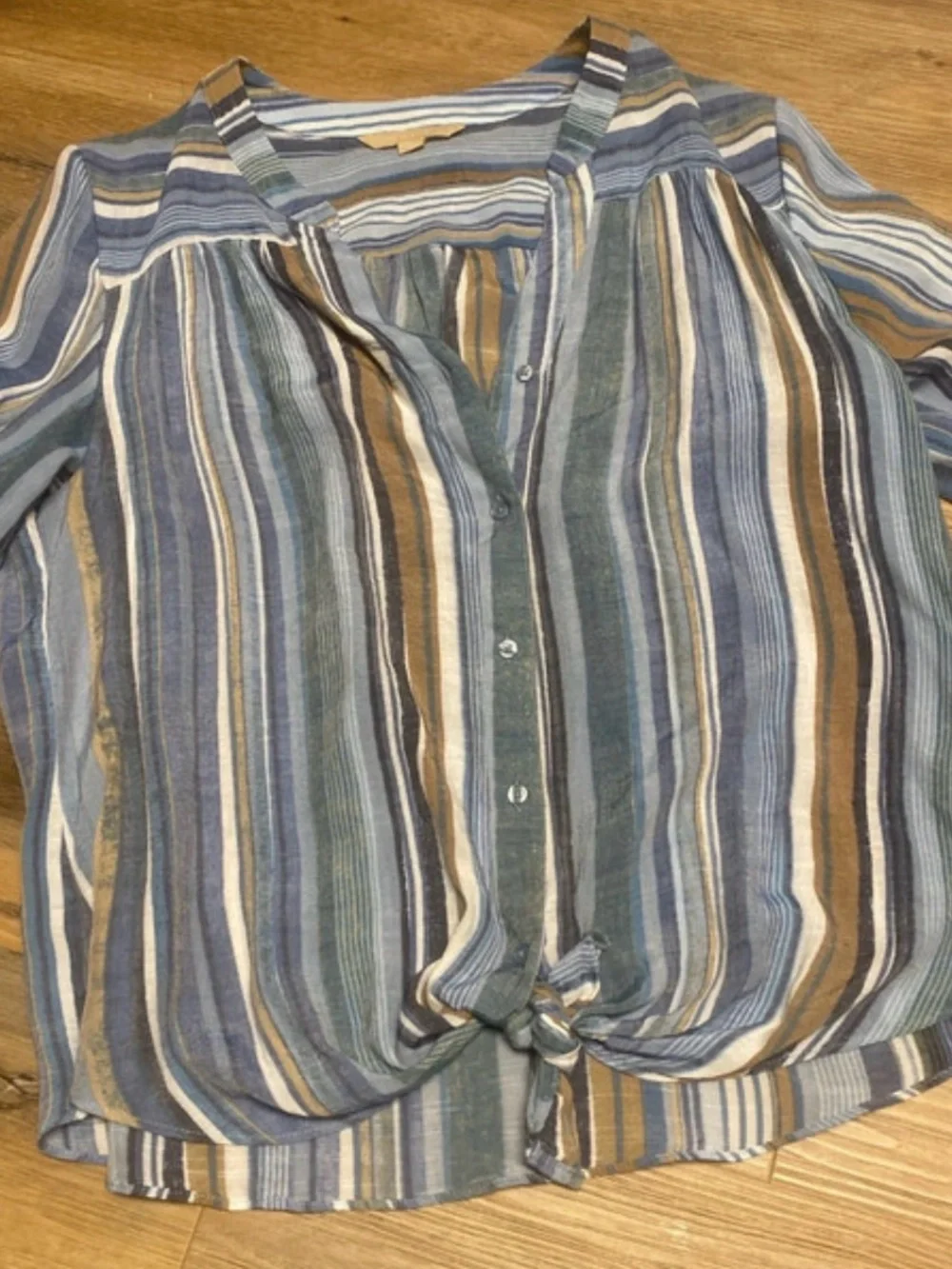 Striped Tie-Front Button Shirt - Blue & Brown large NWOT